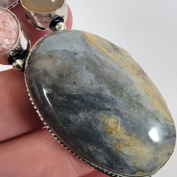 Handmade Silver Pendant with Picasso Jasper, Moonstone, Druzy & Pearl Accents - Picture 6 of 10